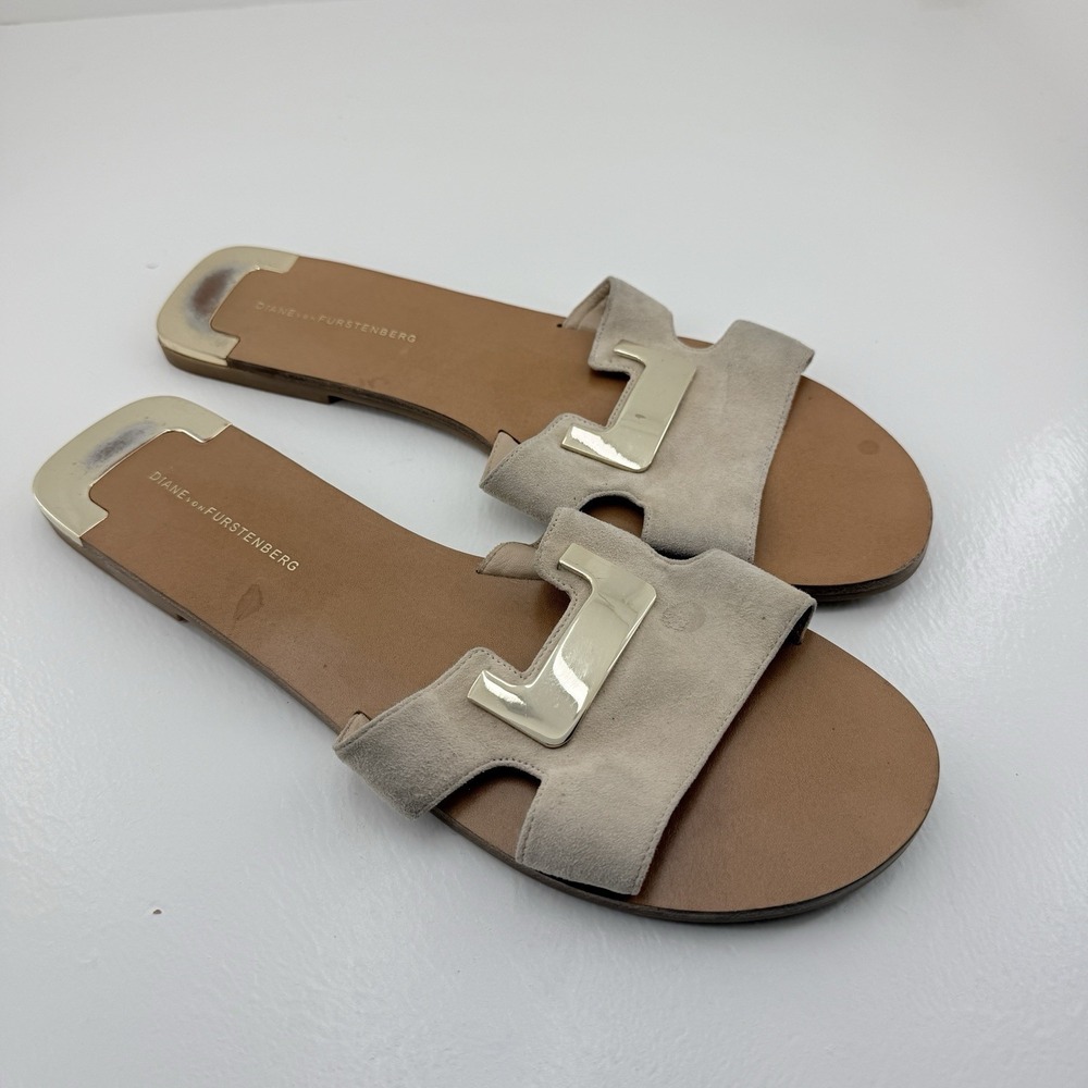 Diane von Furstenberg Tan Brown Suede Leather Flat Slide Sandals Women's Size 10 - Picture 3 of 9